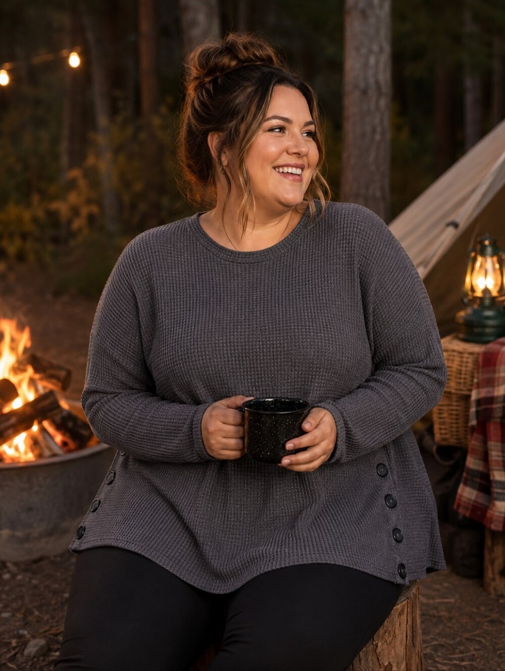 Additionelle NEW Plus Size 2x: Waffle-Knit Button-Hem Crewneck Sweater - Gray
